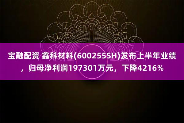 宝融配资 鑫科材料(600255SH)发布上半年业绩，归母净利润197301万元，下降4216%